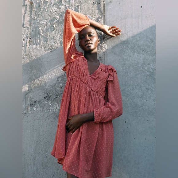 Brick Red Swiss Dot Ruffled ZARA Dress Size M - Picture 6 of 11